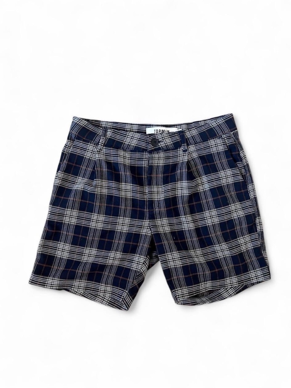 Topman Navy and White Plaid Flat Front Men’s Shorts